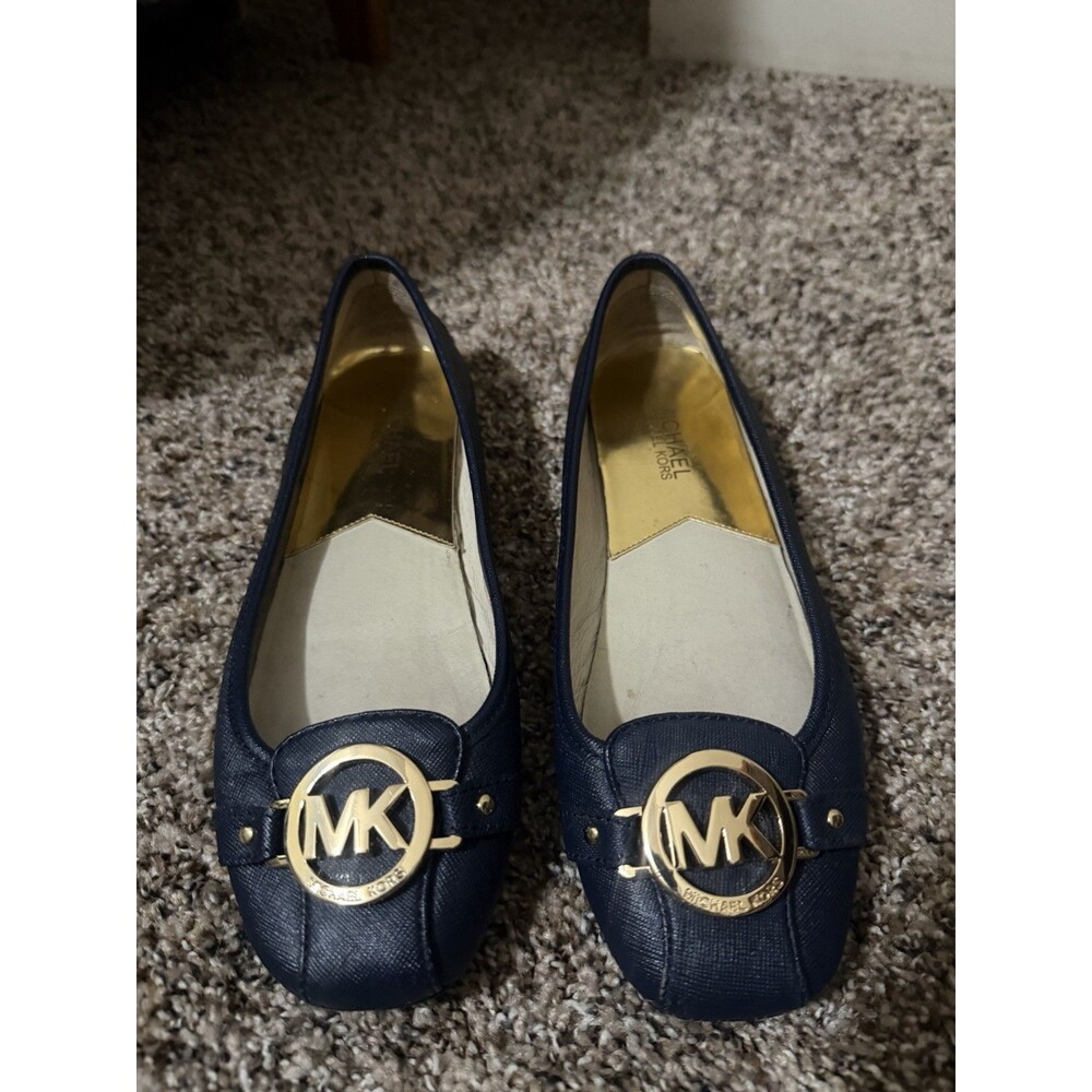 Michael Kors Fulton Navy Saffiano Leather Ballet Flats Gold Logo Women’s 7.5M